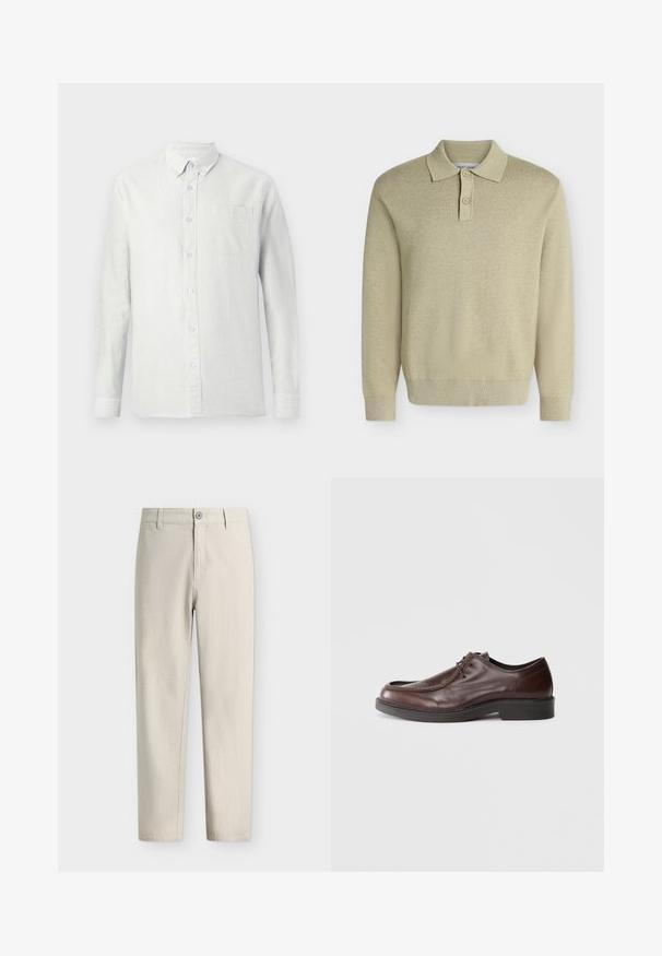 Polo beige à manches longues avec col et deux boutons, poignets et ourlet côtelés, présenté sur un fond clair uni.; Chemise à manches longues de couleur claire avec des rayures verticales, col boutonné et poche sur la poitrine. Le tissu semble texturé avec une finition douce.; Pantalon beige clair droit avec fermeture par bouton et fermeture éclair ainsi que passants pour ceinture, présenté sur un fond blanc uni.; Chaussure habillée en cuir marron avec un bout arrondi, des accents de couture minimum, et une semelle noire robuste. Présente un système de laçage et une texture lisse.