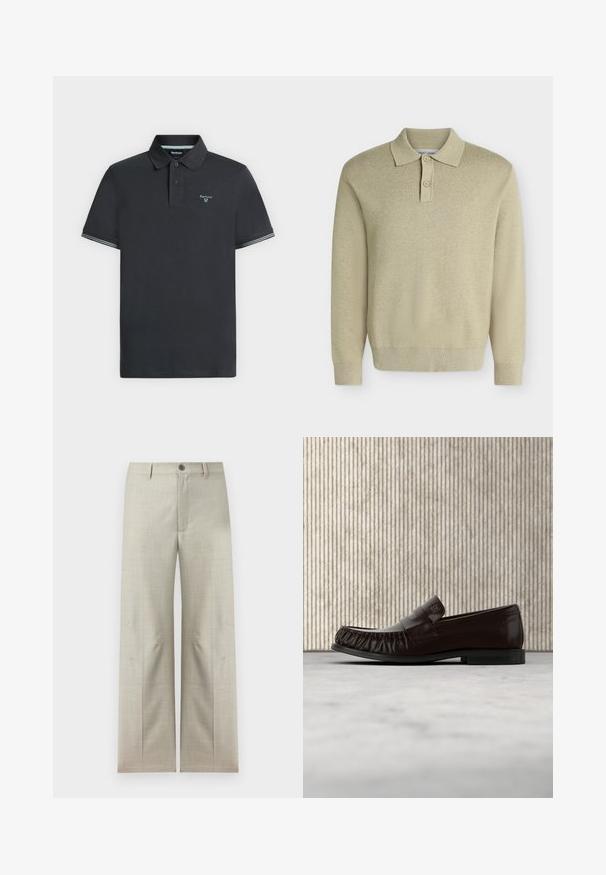 Polo beige à manches longues avec col et deux boutons, poignets et ourlet côtelés, présenté sur un fond clair uni.; Polo noir à manches courtes avec col, deux boutons, fines rayures blanches sur les bords des manches et petit logo Barbour sur la poitrine gauche.; Pantalon formel beige clair à jambes droites, fermeture avec bouton et fermeture éclair, passants pour ceinture, présenté sur un fond blanc.; Mocassin en cuir marron foncé avec des détails cousus, flottant au-dessus d'un tapis beige, avec une table ronde brillante de couleur ambre en arrière-plan.