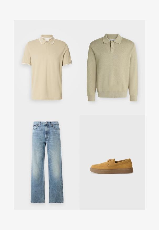 Polo beige à manches longues avec col et deux boutons, poignets et ourlet côtelés, présenté sur un fond clair uni.; Polo beige à manches courtes avec bordures blanches sur le col et les manches, patte à deux boutons, et petit logo "GANT" sur la poitrine.; Jean droit en denim bleu clair avec taille haute, cinq poches, fermeture à boutons et léger délavage sur les cuisses et les genoux.; Chaussures slip-on en suède marron avec une finition texturée, un bout rond et une semelle en caoutchouc contrastante. Présente une marque discrète près du talon.