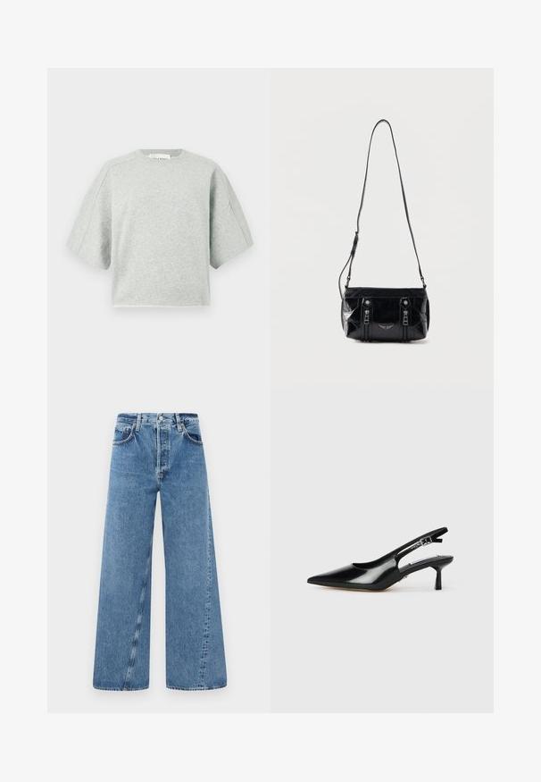 Lysegrå sweatshirt med korte ærmer, lavet af en blød bomuldsblanding, med rund halsudskæring og sænkede skuldre for en løs pasform.; Bredde jeans i blå denim med høj talje, knaplukning og forlommer. Stoffet har en subtil tekstur og et falmet finish.; Sorte patenterede slingback hæle med spids tå, tynd hæl og justerbar spænde-rem. Glat tekstur med minimal udsmykning.; Sort skuldertaske i læder med justerbar rem, to lodrette lynlåse foran og et lille metalvinge-emblem under lynlåsene.
