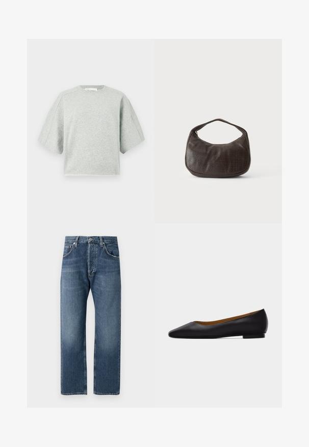 Hellgraues Sweatshirt mit kurzen Ärmeln aus weicher Baumwollmischung, mit rundem Ausschnitt und überschnittenen Schultern für eine lockere Passform.; Blaue gerade geschnittene Jeans aus Denim mit klassischem Fünf-Taschen-Design und Knopfverschluss, vor einem weißen Hintergrund präsentiert.; Schwarzer flacher Schuh aus Leder mit spitz zulaufender Vorderkappe, niedrigem Absatz und glatter Oberfläche, von der Seite vor einem hellgrauen Hintergrund dargestellt.; Kleine dunkelbraune strukturierte Handtasche mit kurzem Trageriemen und abgerundetem Boden auf schlichtem hellem Hintergrund.