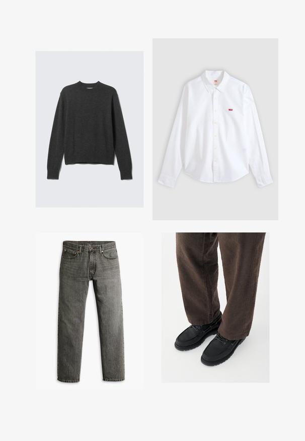 Suéter de punto gris oscuro con cuello redondo, puños acanalados y dobladillo. La tela tiene una textura suave y presenta un diseño de ajuste holgado.; Camisa blanca de manga larga con botones, cuello y pequeño logo rojo de Levi's en el área izquierda del pecho sobre un fondo neutro.; Jeans de mezclilla gris con un diseño de pierna recta, estilo clásico de cinco bolsillos y un sutil detalle de costura en las costuras y los bolsillos.; Zapatos de cuero negro con un acabado liso, punta redondeada y diseño con cordones, combinados con pantalones marrones texturizados. Vista desde abajo.