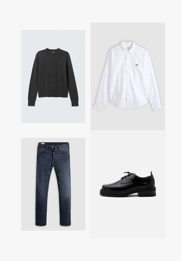 Donkergrijze gebreide trui met een ronde hals, geribde manchetten en zoom. De stof heeft een soepele textuur en heeft een ontspannen pasvorm.; Witte blouse met lange mouwen, knoopsluiting en kraag, met klein rood Levi's-logo op het linkerborstgedeelte op een neutrale achtergrond.; Donkerblauwe denim jeans met een rechte pijp, voorzien van een rits en metalen knopen, en koperen klinknagels. Gladde textuur, geen zichtbare patronen.; Zwarte gepolijste leren veterschoen met dikke rubberen zool en lage hak, zijmerktekst "SAMSOE" en een achterste aantreklus.