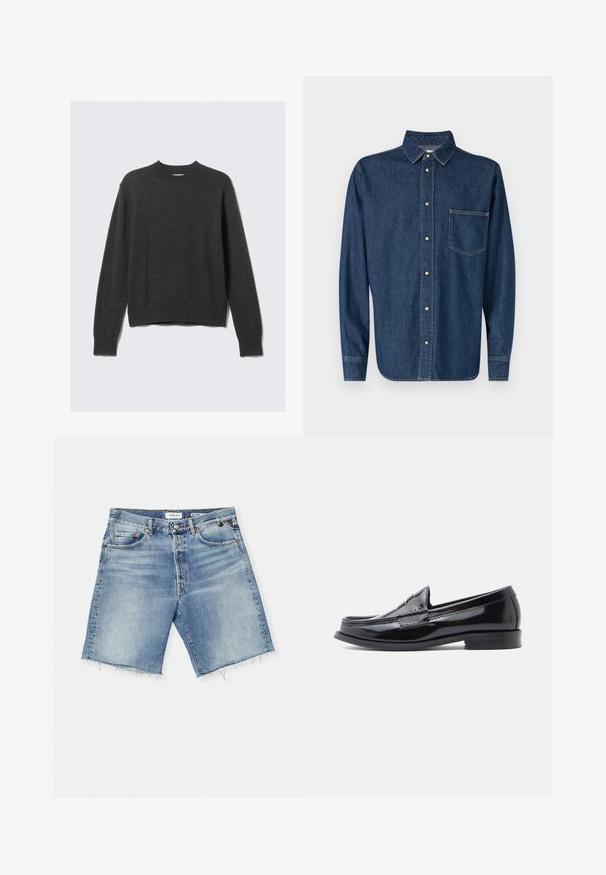 Pull en tricot gris foncé avec un col rond, des poignets et un ourlet côtelés. Le tissu a une texture lisse et présente un design à coupe décontractée.; Chemise en denim bleu foncé avec des manches longues, devant à boutons et une poche poitrine unique. Présente un col classique et un ourlet droit.; Shorts en denim bleu clair avec un ourlet effiloché, cinq poches, fermeture à bouton et passants de ceinture. Fabriqués en coton, présentant un lavage délavé.; Mocassin en cuir verni noir avec un bout arrondi, des détails cousus et un petit talon empilé. Surface lisse avec un éclat subtil.