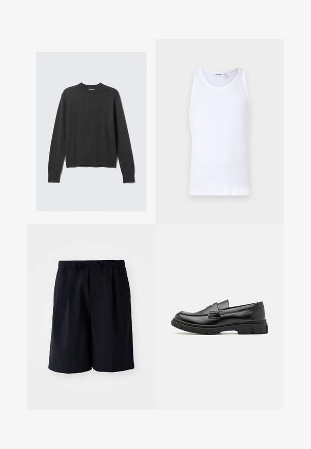 Pull en tricot gris foncé avec un col rond, des poignets et un ourlet côtelés. Le tissu a une texture lisse et présente un design à coupe décontractée.; Débardeur en coton blanc avec un col rond et des bretelles larges. Texture lisse, sans motifs, design épuré et étiquette de marque au niveau du col.; Shorts bleu marine en tissu léger, dotés d'une taille élastique avec cordon de serrage et de deux poches latérales, coupe droite.; Mocassin en cuir noir avec une large sangle sur le devant, semelle en caoutchouc à épaisse rainure, et texture lisse. Design classique et élégant.