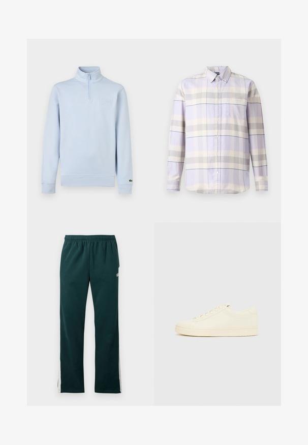 Heleroheline pikkade varrukatega pullover kvartlizapiga, kõrge krae, rinnal reljeefne brändiplaat ja vasakul mansetil väike logo.; Pikend varrukatega nööbiga särk heleda lilla, halli ja kreemja ruudulise mustriga ning rinna taskuga valgel taustal.; Tumedat rohelised dressipüksid elastse vöökohtaga ja valgete triipudega, mis kulgevad pükste välisk külgedel.; Kreemitonides spordijalats sileda nahkpealsega, ümarate varvastega, ees paelusega ja tekstuuriga kummist talla. Minimalistlik disain, ilma logodeta.