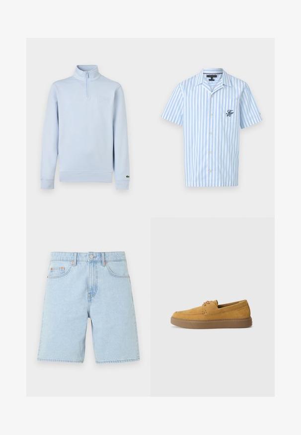 Pull-over à manches longues bleu clair avec fermeture éclair quart de zip, col montant, patch de marque embossé sur la poitrine, et petit logo sur le poignet gauche.; Chemise à manches courtes boutonnée avec rayures verticales bleues et blanches, une poche avant brodée des initiales et un col classique.; Short en denim bleu clair avec poches avant, passants de ceinture, bouton en métal et fermeture éclair sur un fond blanc uni.; Chaussures slip-on en suède marron avec une finition texturée, un bout rond et une semelle en caoutchouc contrastante. Présente une marque discrète près du talon.
