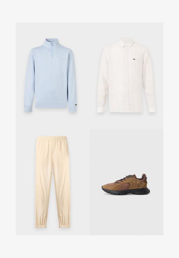 Pull-over à manches longues bleu clair avec fermeture éclair quart de zip, col montant, patch de marque embossé sur la poitrine, et petit logo sur le poignet gauche.; Chemise à rayures claires avec des manches longues, col boutonné et un petit logo vert sur la poche gauche de la poitrine. En coton.; Pantalon beige clair à taille élastique avec poignets froncés, coupe droite et tissu lisse, présenté sur un fond clair uni.; Chaussures de sport marron composées d'un mélange de daim et de matériaux synthétiques, avec une semelle en caoutchouc noire texturée et des lacets gris.