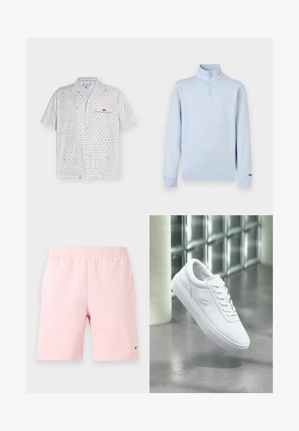 Pull-over à manches longues bleu clair avec fermeture éclair quart de zip, col montant, patch de marque embossé sur la poitrine, et petit logo sur le poignet gauche.; Chemise blanche à manches courtes avec un petit motif beige, une poche poitrine et un logo crocodile Lacoste marron sur la poche.; Shorts à taille élastique rose avec poches latérales et petit logo crocodile brodé près de l'ourlet sur la jambe droite.; Baskets basses blanches avec un design à lacets et un logo crocodile en relief, positionnées au-dessus d'un sol gris poli avec un mur en blocs de verre en arrière-plan.