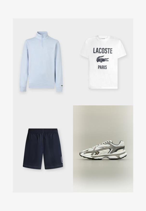 Pull-over à manches longues bleu clair avec fermeture éclair quart de zip, col montant, patch de marque embossé sur la poitrine, et petit logo sur le poignet gauche.; T-shirt blanc à manches courtes avec texte noir "LACOSTE", un grand imprimé crocodile noir et texte "PARIS" en dessous sur le devant.; Short de bain bleu marine avec taille élastique et logo blanc cousu sur le côté inférieur sur fond clair.; Chaussure de sport avec une tige en mesh blanc, des accents gris, une semelle en caoutchouc noire et un design épuré. Elle présente des lacets et des détails texturés.