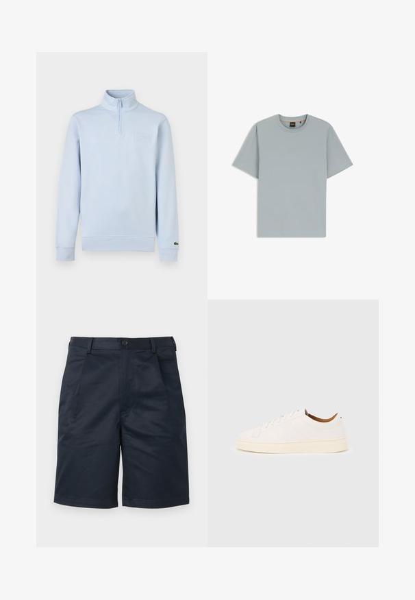 Pull-over à manches longues bleu clair avec fermeture éclair quart de zip, col montant, patch de marque embossé sur la poitrine, et petit logo sur le poignet gauche.; T-shirt gris clair à manches courtes et col rond avec un logo discret "BOSS" centré sur la poitrine et une étiquette de marque noire et orange à l'intérieur du col.; Shorts bleu marine ajustés avec bouton sur le devant, passants pour ceinture et poches latérales, présentés sur un fond uni clair.; Baskets blanches basses avec un design à lacets, des détails de couture minimalistes, et une semelle couleur crème sur un fond gris clair.