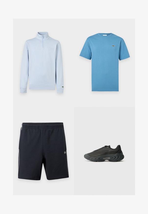 Pull-over à manches longues bleu clair avec fermeture éclair quart de zip, col montant, patch de marque embossé sur la poitrine, et petit logo sur le poignet gauche.; T-shirt bleu à manches courtes avec col rond et petit logo de crocodile vert sur le côté gauche de la poitrine, présenté sur fond blanc.; Shorts de sport noirs avec une taille élastique, des bandes blanches sur les côtés et un petit logo de crocodile vert sur la jambe droite.; Chaussure de sport noire avec une tige en mesh et synthétique, design élégant, semelle épaisse et courbée, et accents texturés sur les côtés et l'orteil.