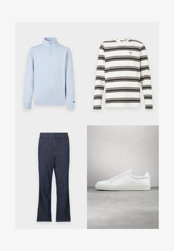 Pull-over à manches longues bleu clair avec fermeture éclair quart de zip, col montant, patch de marque embossé sur la poitrine, et petit logo sur le poignet gauche.; Chemise blanche à manches longues avec des rayures horizontales noires et un petit logo Barbour sur la poitrine, col rond, coupe décontractée.; Jean en denim bleu foncé avec une coupe droite, doté d'une fermeture par bouton et de surpiqûres blanches contrastantes sur les poches et les coutures.; Sneaker blanche avec une tige en cuir lisse et un profil bas. Présente un bout arrondi, six œillets et une semelle en caoutchouc texturé.
