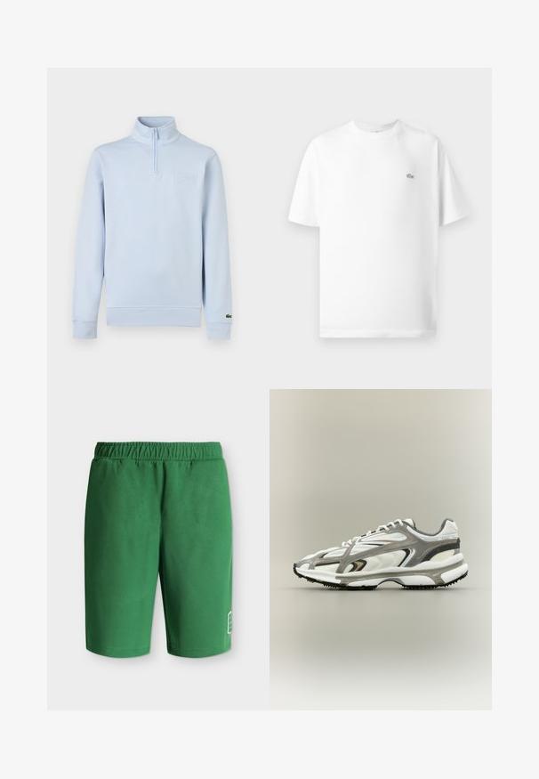 Pull-over à manches longues bleu clair avec fermeture éclair quart de zip, col montant, patch de marque embossé sur la poitrine, et petit logo sur le poignet gauche.; T-shirt en coton blanc avec col rond et manches courtes. Présente un petit logo lacoste noir sur le côté gauche de la poitrine.; Shorts décontractés verts avec taille élastique et petit logo blanc près du bas de la jambe gauche sur un fond uni.; Chaussure de sport avec une tige en mesh blanc, des accents gris, une semelle en caoutchouc noire et un design épuré. Elle présente des lacets et des détails texturés.