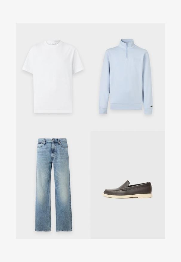 Heleroheline pikkade varrukatega pullover kvartlizapiga, kõrge krae, rinnal reljeefne brändiplaat ja vasakul mansetil väike logo.; Valge puuvillane T-särk klassikalise ringkaelusega, lühikeste varrukatega ja esiküljel reljeefne "Lacoste Heritage" tekst. Lihtne disain.; Hele sinise värviga sirge säärega teksapüksid kõrge vöökohaga, viie taskuga, nööpidega kinnitatavad ja õrnade plekidega reite ja põlvede piirkonnas.; Pruunid nahast libisemisega jalanõud tekstuuriga pinnaga ja kontrastse heleda beeži tallaga, millel on ümar varvas ja minimaalsed õmblusdetailid.
