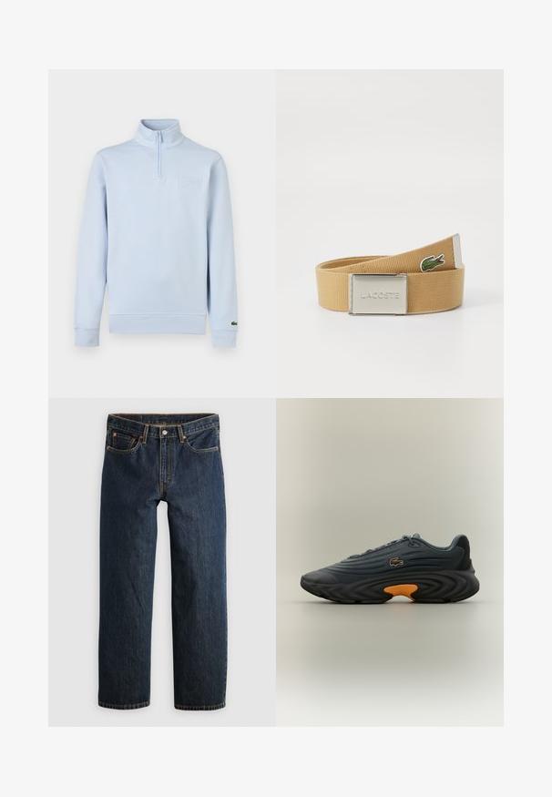 Lichtblauwe pullover met lange mouwen, kwart rits, hoge kraag, reliëf merkembleem op de borst en klein logo op de linker manchet.; Donkerblauwe denim jeans met een rechte pijp. Voorzien van vijf zakken, contrasterende stiksels en een knoopsluiting in de taille.; Lacoste sneakers in donkergrijs met een gestructureerde bovenkant, opvallende gebogen zwarte zool en feloranje accent op de hak. Vetersluiting met logo.; Beige stoffen riem met een zilverkleurige metalen gesp met een gegraveerd logo en een groene geborduurde krokodillenlogo op de band.
