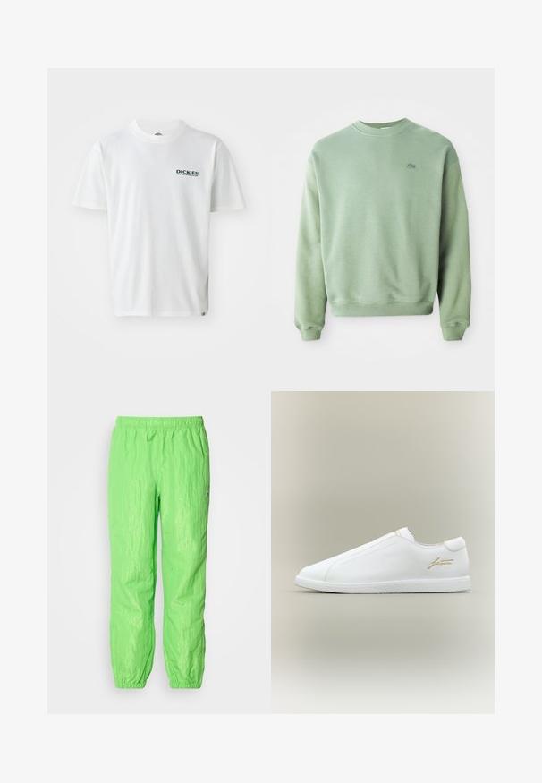 Svetlozelený crewneck sveter s dlhými rukávmi a malým vyšitým logom krokodíla na ľavej hrudi.; Biely bavlnený tričko s krátkymi rukávmi, s zeleným logom "DICKIES ON THE ROAD AGAIN" na ľavej hrudi. Štandardný dizajn s okrúhlym výstrihom.; Neon zelené ľahké nohavice s elastickým pásom, s jemne zvrásnenou textúrou a naťahovacími manžetami na členkoch.; Biela teniska typu slip-on s textúrovanou podrážkou a zlatým logom "Lacoste" na boku, vystavená na neutrálnom pozadí.