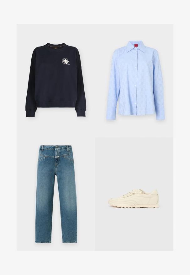 Sweat-shirt bleu marine à manches longues avec poignets et ourlet en côte, ornée d'une petite fleur blanche et du texte « COSMIC ENERGY CLUB » sur la poitrine.; Chemise bleu clair à manches longues avec un col à boutons, un motif discret en relief et des boutons blancs sur la patte de boutonnage avant.; Jean bleu droit taille haute avec fermeture avant boutonnée et zippée, poches latérales inclinées, et léger effet délavé le long des jambes.; Baskets basses de couleur crème avec des coutures ondulées, une fermeture à lacets et une semelle crantée, vues de côté sur un fond uni.