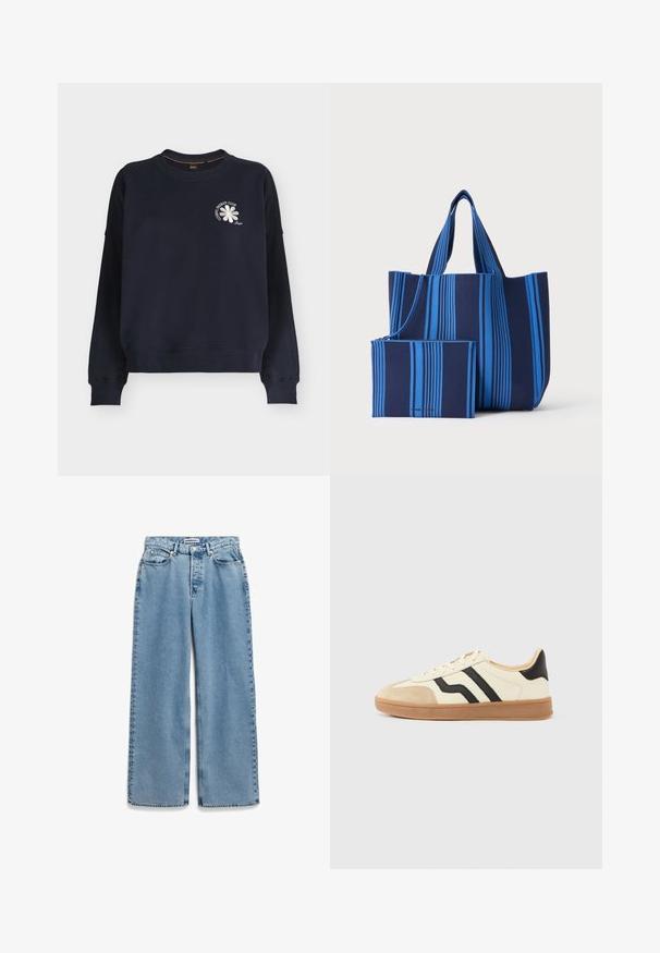 Sweat-shirt bleu marine à manches longues avec poignets et ourlet en côte, ornée d'une petite fleur blanche et du texte « COSMIC ENERGY CLUB » sur la poitrine.; Jean en denim bleu clair avec coupe à jambes larges, fermeture devant par bouton et zip, style cinq poches.; Baskets à lacets avec une tige crème ornée de rayures noires et un bout en daim, complétées par une semelle en caoutchouc marron.; Grand sac cabas et petite pochette zippée bleu marine avec des rayures verticales bleu clair, présentés sur un fond clair uni.