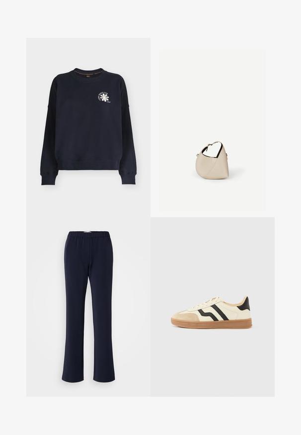 Marineblå sweatshirt med lange ærmer med ribkant ved ærmer og bund, med en lille hvid blomst og teksten "COSMIC ENERGY CLUB" på brystet.; Marineblå bukser med lige ben lavet af strækstof med elastisk talje og to forlommer. Glat tekstur uden synlige mønstre.; Snørestøvler med en cremefarvet overdel med sorte striber og en ruskindsnæsetip, suppleret med en brun gummisål.; Beige læder håndtaske i halvmåneform med en enkelt skulderrem og minimal syning, sat mod en ensartet hvid baggrund.