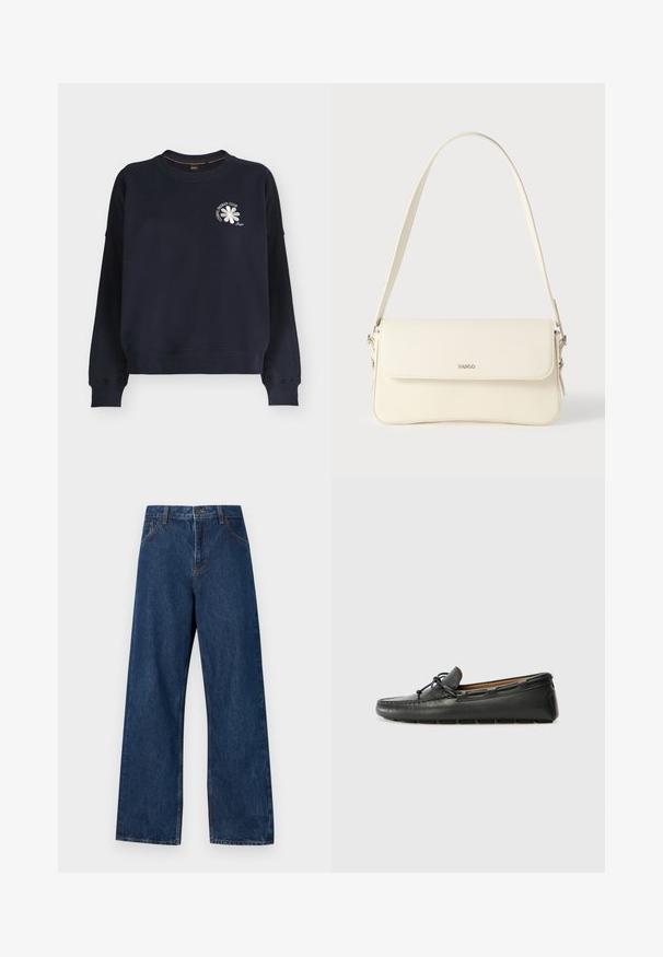 Marineblaues Sweatshirt mit langen Ärmeln, gerippten Bündchen und Saum, mit einer kleinen weißen Blume und dem Schriftzug „COSMIC ENERGY CLUB“ auf der Brust.; Dunkelblaue weitgeschnittene Jeans aus Denim mit klassischem Fünf-Taschen-Design. Mit Kontrastnähten und einem Frontknopfverschluss.; Schwarze Lederbootsschuhe mit rundem Zehenbereich, gestickten Details, kleinem Schleifenakzent und Gummisohle. Glatte Textur und schlankes Design.; Schultertasche aus cremefarbenem Leder mit Klappverschluss, silbernen Beschlägen, einem verstellbaren Riemen und einem dezenten Logodetail.