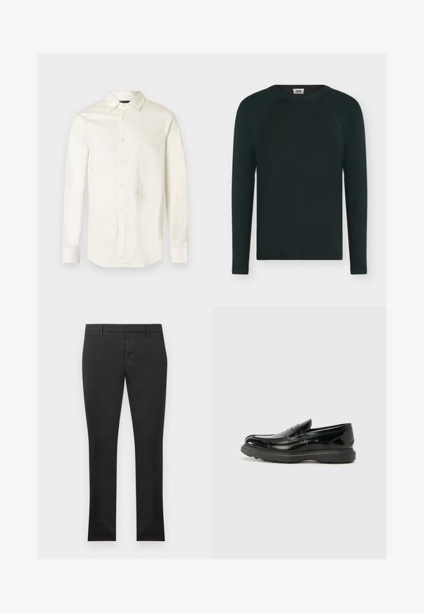 Pull à manches longues en maille côtelée vert foncé avec col rond et manches raglan, présenté sur fond blanc.; Chemise blanche à manches longues en coton. Elle présente un col pointu, une patte de boutonnage à l'avant et un logo subtil brodé sur la poitrine.; Pantalon noir slim avec passants pour ceinture, poches avant et fermeture éclair à l'avant, présenté sur un fond blanc uni.; Mocassin en cuir noir avec une finition brillante, bout arrondi, détails de couture subtils et semelle en caoutchouc épaisse pour la durabilité.