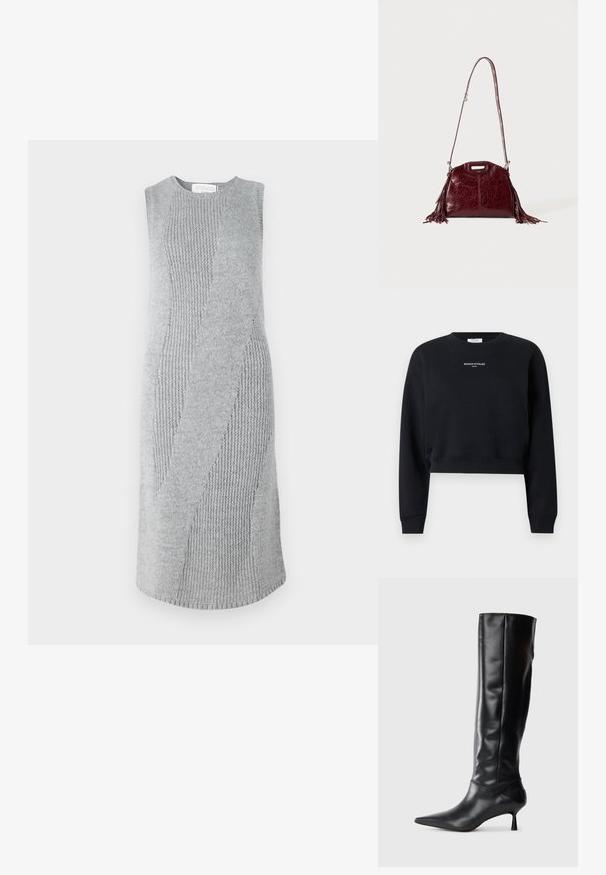 Sort kortlangærmet sweatshirt med rund hals, ribstrikkede manchetter og kant samt hvid "MAISON KITSUNÉ PARIS"-tekst centreret på brystet.; Grå strikket kjole med et tekstureret zigzag-mønster. Uden ærmer, knælængde, med ribbede og glatte stofsektioner.; Sorte læder knæhøje støvler med spids tå og slank buet hæl. Glat tekstur, tætsiddende design og ingen synlig hardware eller mønstre.; Mørkerød læder skuldertaske med frynser og justerbar rem med sølvspænde mod en ensfarvet lys baggrund.