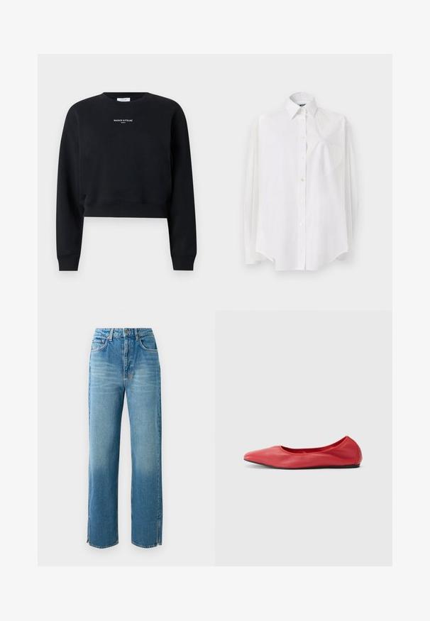 Sort kortlangærmet sweatshirt med rund hals, ribstrikkede manchetter og kant samt hvid "MAISON KITSUNÉ PARIS"-tekst centreret på brystet.; Hvid langærmet skjorte i letvævet stof med klassisk krave, knaplukning og hjerteformet lomme på venstre side.; Lys blå denim jeans med høj talje, lige ben og slidser i kanten. Har et traditionelt fem-lomme design og knaplukning.; Filippa K REY FLATS - Ballerinasko - bright red