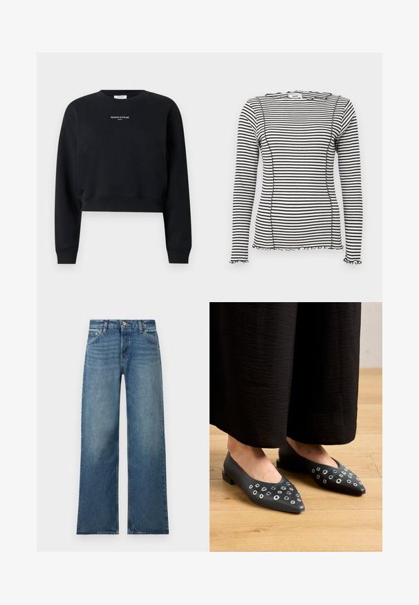 Sort kortlangærmet sweatshirt med rund hals, ribstrikkede manchetter og kant samt hvid "MAISON KITSUNÉ PARIS"-tekst centreret på brystet.; Langærmet top med sorte og hvide striber, der har en ribbet tekstur, bakkede kanter og kontrastsyninger langs sømmene.; Blåvidde jeans med knap- og lynlåslukning foran, for- og baglommer og subtile falmede detaljer.; Sorte læderflade sko med spidse tæer, dekoreret med metaløje accenter i forskellige størrelser og en lav firkantet hæl. Glat struktur på trægulv.