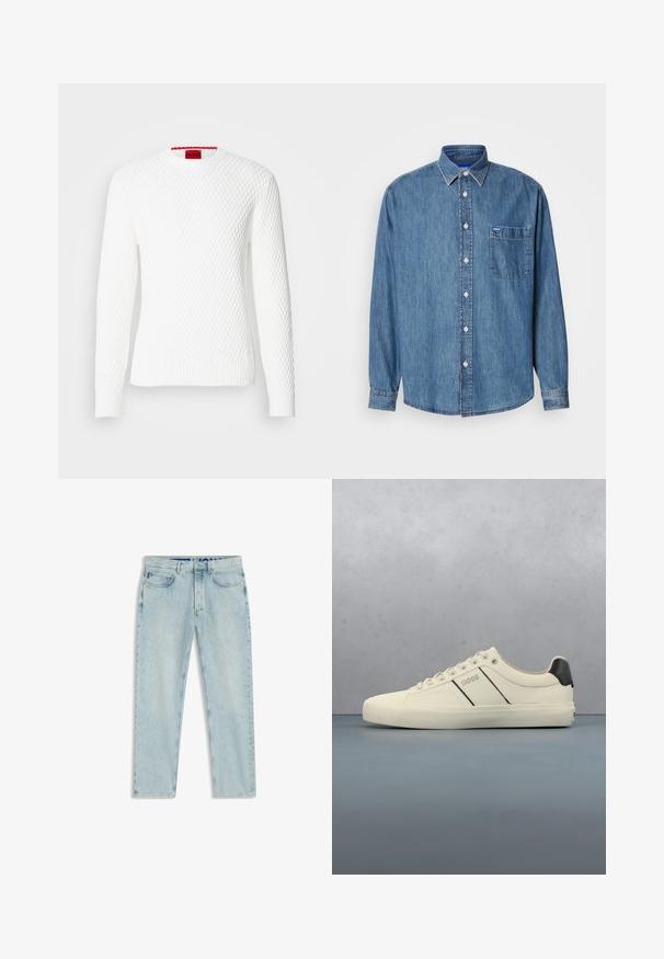 Suéter blanco de punto con un patrón texturizado de panal, puños y dobladillo acanalados, y una etiqueta roja en el cuello.; Camisa de mezclilla azul claro, diseño de botones, mangas largas, cuello puntiagudo, bolsillo en el pecho con etiqueta, textura uniforme y costuras contrastantes.; Vaqueros azul claro de corte recto con bolsillos delanteros, trabillas para cinturón y cierre de botón, colocados planos sobre un fondo blanco.; Zapatillas de color crema con una textura suave, que presentan acentos y marcas en negro. Diseño clásico de cordones con punta redonda y suela de goma.