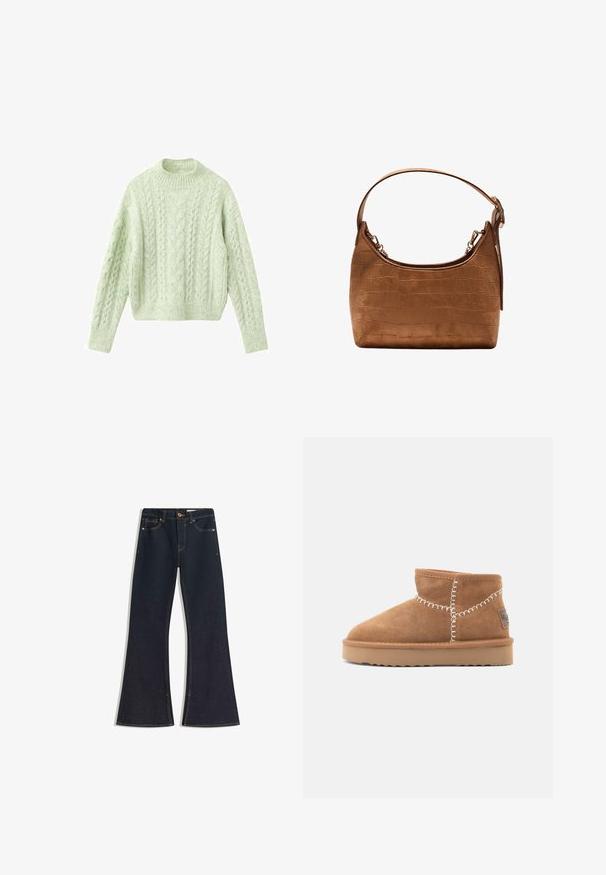 Lysegrøn strikket sweater med kabelmønstre, rund halsudskæring og lange ærmer. Blød tekstur med en afslappet, kort pasform.; Mørke denim flare jeans med høj talje, kontrastsyede sømme, knaplukning og fire lommer. Buksebenene bliver bredere ved kanten.; Brune ruskinds ankelstøvler med rund tå, hvid dekorativ syning og en tan gummisål med et zigzag-mønster.; Brun håndtaske i krokodilleskind prægning med en enkelt rem og guldfarvet hardware, vist mod en hvid baggrund.