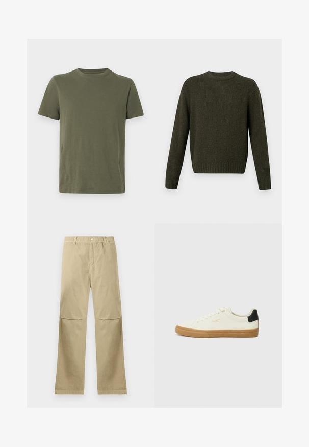 Pull côtelé vert foncé avec col rond, manches longues et ourlet ajusté. Confectionné en maille texturée.; T-shirt vert olive à manches courtes en coton doux, avec un col rond et un design uni. Aucun motif ni accent visible.; Pantalons beiges à jambe droite avec une fermeture à bouton-pression, passants de ceinture et détails de couture aux genoux, posés à plat sur un fond blanc.; Sneaker en toile blanche avec une semelle en gomme, accent au talon noir, bout rond et design à lacets. Présente le logo de la marque en doré sur le côté.
