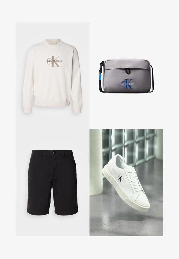 Sudadera blanca de cuello redondo hecha de un tejido suave, con un gran logo beige de Calvin Klein en la parte frontal, y puños y dobladillo acanalados.; Pantalones cortos negros de tela ligera, con cierre de botón, cintura estándar y corte recto. Sin patrones ni acentos visibles.; Zapatilla blanca Calvin Klein con cordones, mostrada flotando sobre un suelo de cemento pulido y un fondo de pared de bloques de vidrio.; Bolso de bandolera rectangular gris claro con correa negra ajustable y logo azul "CK Calvin Klein" en el bolsillo frontal.
