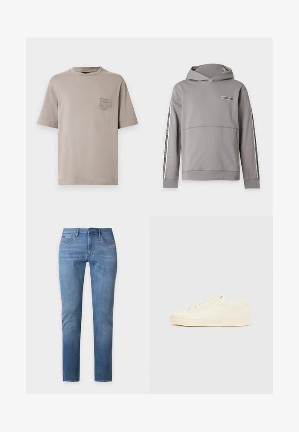 Sweat à capuche gris avec poche frontale et bande EA7 Emporio Armani marquée sur les manches et la poitrine.; T-shirt en coton gris à manches courtes, col rond et petite poche poitrine ornée du logo de la marque brodé. Texture douce et coupe décontractée.; Jean slim bleu clair avec cinq poches et fermeture par bouton, présenté sur un fond gris uni.; Baskets couleur crème avec une tige en cuir lisse, bout arrondi, laçage à l'avant et semelle en caoutchouc texturée. Design minimaliste, sans logo.