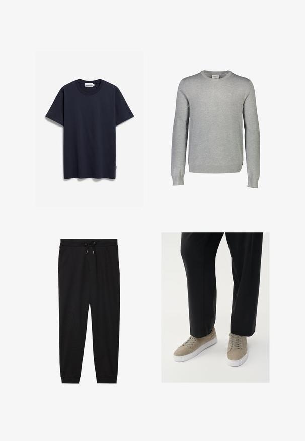 Grauer Pullover aus weichem Stoff mit Rundhalsausschnitt, langen Ärmeln, gerippten Bündchen und einem dezenten Logo auf der Brust.; Marineblaue Baumwoll-T-Shirt mit Rundhalsausschnitt, kurzen Ärmeln und geradem Saum. Verfügt über ein dezentes Markenetikett an der Seitennaht.; Schwarze Jogginghose aus weichem Stoff, mit elastischem Bund, Kordelzug und schmal zulaufenden Beinabschlüssen.; Hellgraue Wildledersneaker mit einer weißen Gummisohle, runden Schnürsenkeln und minimalistischer Gestaltung, kombiniert mit schwarzen Hosen.