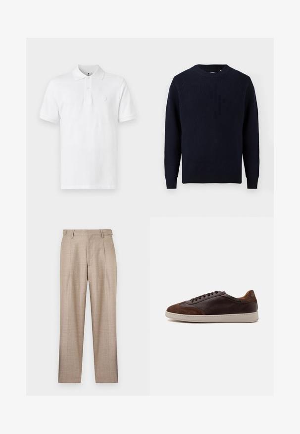 Mørkeblå ribstrikket sweater med rund hals og lange ærmer, vist mod en hvid baggrund.; Hvid polo shirt lavet af bomuld, med en klassisk krave, korte ærmer og et diskret logo broderet på brystet.; Beige skræddersyede bukser med forreste folder, bæltestropper og et lige ben, vist mod en hvid baggrund.; Lavtop brune læder- og ruskindsneakers med mørkebrune snørebånd og en hvid gummisål set fra ydersiden.