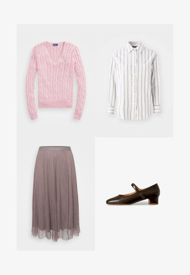 Lyserød kabelstrikket sweater med lange ærmer og V-hals, med lille blåt broderet logo på venstre bryst.; Hvid skjorte med knap i opretstående krave, lodrette brune striber, lange ærmer og en brystlomme. Baumwoll-materiale med en blød tekstur.; Plisseret midiskørt i blød mauve med en glat satin-linning. Letvægts, flydende materiale med lodrette striber og gennemsigtige lag.; Mørkebrun laklæder Mary Jane-sko med lav blokhæl og enkelt rem over foden, vist på hvid baggrund.