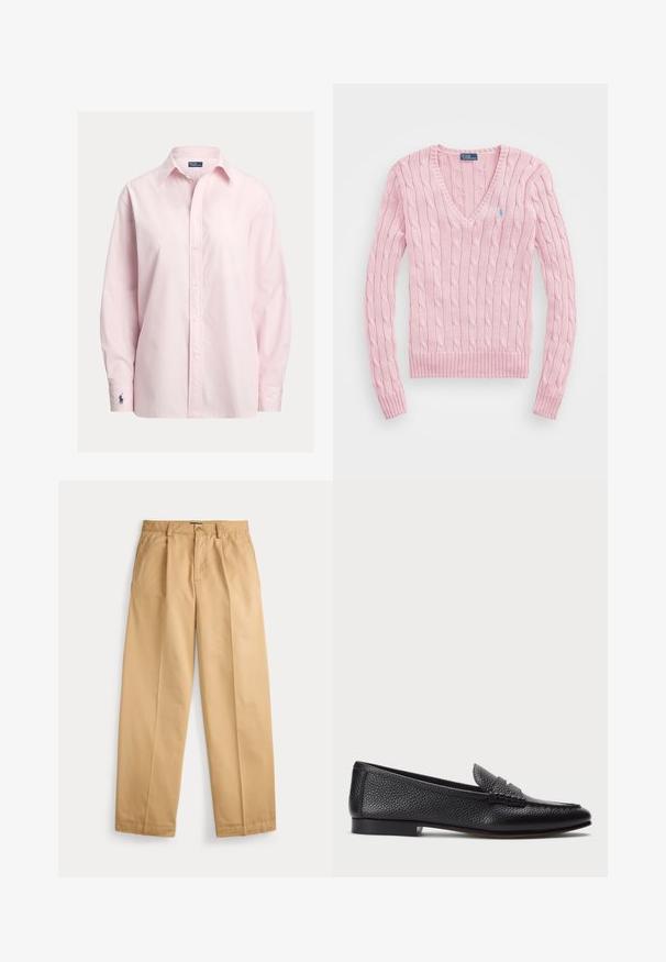 Jersey de punto trenzado rosa claro con mangas largas y escote en V, con pequeño logo azul bordado en el pecho izquierdo.; Camisa rosa claro abotonada hecha de una suave mezcla de algodón, con cuello estándar, mangas largas y un pequeño logo bordado en el puño.; Pantalones beige de pierna recta con cierre de botón y cremallera, bolsillos delanteros, trabillas para cinturón y pliegues prensados a lo largo de las piernas.; Mocasin de cuero negro con acabado texturizado, que cuenta con una correa decorativa y tacón plano. Diseño elegante y minimalista con punta redondeada.