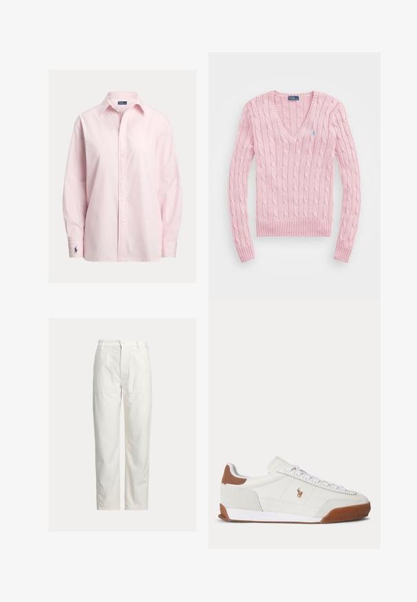 Jersey de punto trenzado rosa claro con mangas largas y escote en V, con pequeño logo azul bordado en el pecho izquierdo.; Camisa rosa claro abotonada hecha de una suave mezcla de algodón, con cuello estándar, mangas largas y un pequeño logo bordado en el puño.; Pantalones blancos de pierna recta con grandes bolsillos parche delanteros, trabillas para cinturón y cierre con botón en la cintura.; Zapatilla blanca de corte bajo con acentos de ante marrón en el talón y la puntera, cordones blancos y un pequeño logo marrón bordado en el lateral.
