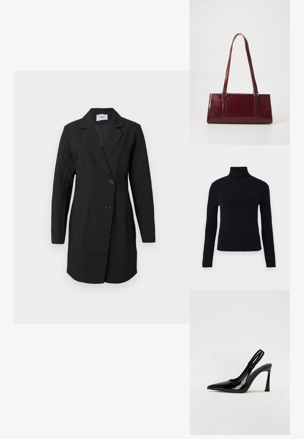 Sort turtleneck sweater med lange ærmer, glat tekstur, tætsiddende design og en tyk ribbet krave, velegnet til lag-på-lag.; Sort skræddersyet blazer med lange ærmer, notch revers og fem knapper foran. Fremstillet af struktureret stof med en glat indvendig foring.; Sorte patenterede lædersædler med spidse tæer, slank høj hæl og dobbelt elastisk rem for sikker pasform. Glat, skinnende overflade.; Bordeaux håndtaske lavet af glansfuldt materiale, rektangulær form, med to skulderremme og subtile buede detaljer på forsiden.
