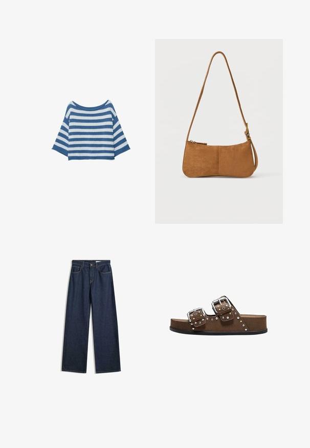 Pull en tricot à rayures horizontales bleues et blanches avec un large col bateau et des manches trois-quarts.; Jean en denim sombre à jambes larges avec cinq poches, coutures visibles et fermeture à bouton. Présente une coupe droite et un léger effet vieilli.; Sandale mule en daim marron avec deux boucles argentées ajustables et des détails cloutés argentés et dorés sur une semelle noire.; Sac à bandoulière en daim marron avec une forme incurvée, une bandoulière réglable, une fermeture éclair et une quincaillerie minimale. Texture lisse avec un design simple.