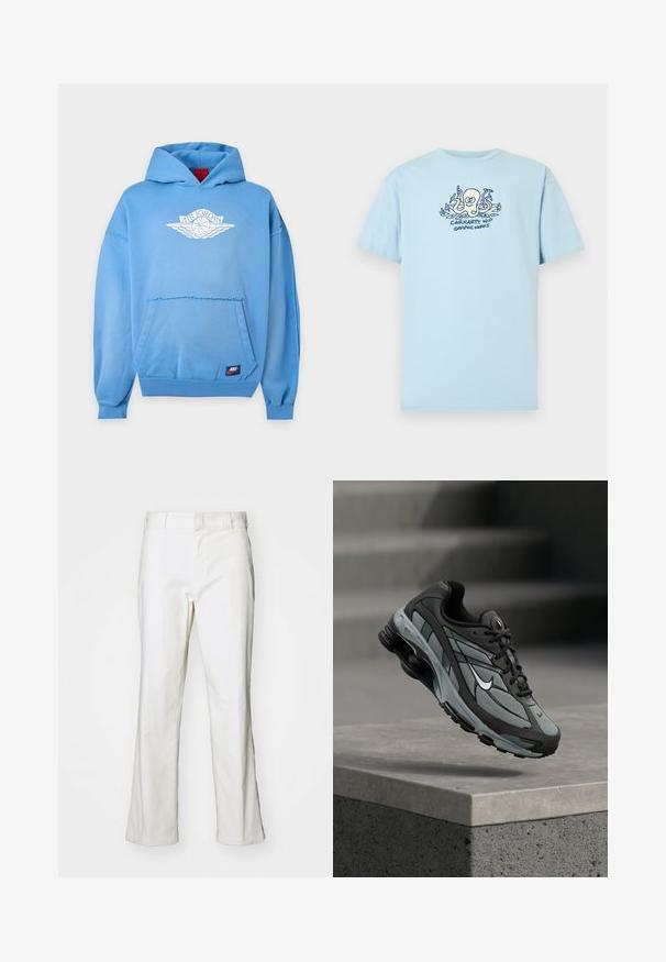 Hellblauer Hoodie mit weißem Air Jordan-Logo, vordere Kängurutasche, offene Nahtdetails und kleinem Nike-Logo-Patch auf der Tasche.; Hellblaues Baumwoll-T-Shirt mit einem grafischen Druck eines Oktopus und dem Text "CARHARTT WIP GRAPHIC WORKS" in Dunkelblau. Kurze Ärmel, Rundhalsausschnitt.; Weiße Baumwollhosen mit geradem Schnitt, ausgestattet mit einem Bund und normalen Taschen. Der Stoff wirkt glatt und leicht strukturiert.; Grauer und schwarzer Sportschuh mit Netzpaneelen und dicker Sohle, schwebend in der Luft über einer Betonmauer mit Treppen im Hintergrund.