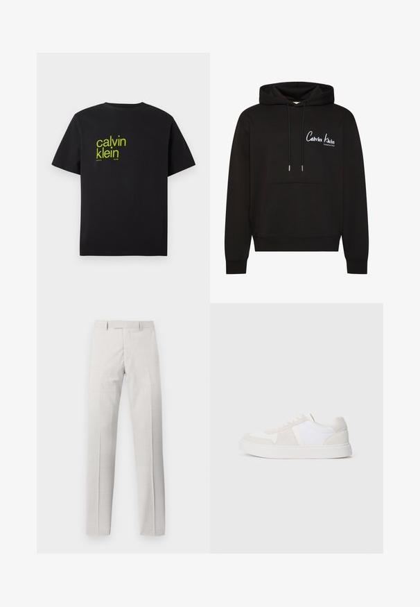 Must pullover-tüüpi kapuutsiga pusa esikülje tasku, reguleeritav nööriga kapuuts ja valge "Calvin Klein Established 1968" logo rinnal.; Must mustrips mustrips t-särk musta puuvillast, millel on kollane tekst, mis ütleb "calvin klein" ja "new york city since 1968" modernses, julges fondis. Lühikesed varrukad.; Heledad hallid püksid, valmistatud siledast kangast, kitsas lõige, sirged sääred ja õrn tekstuur ilma nähtavate mustrite või detailideta.; Valged ja heledate beeži toonidega spordijalatsid, millel on sametise ja võrkpinna ülemine osa, ümar varvas, lame valge tall ja peened logo detailid.