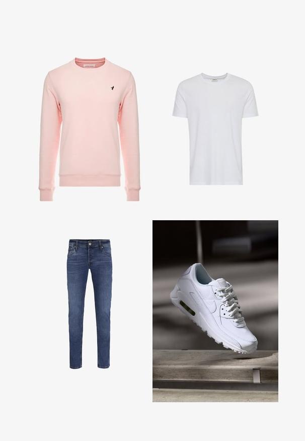 Roze sweatshirt met lange mouwen, ronde hals en geribbelde manchetten. Heeft een klein marineblauw logo op de linkerkant van de borst. Zachte stofstructuur.; Effen wit T-shirt met korte mouwen en een ronde hals, getoond op een witte achtergrond, met een klein neklabel waarop het merk “Solid” staat.; Heren slim-fit blauwe spijkerbroeken met knoop- en ritsluiting, voor- en achterzakken en subtiele vervagingdetails.; Witte leren sneaker met gestructureerde oppervlakken, gevoerde kraag en zichtbare luchtbescherming in de zool. Heeft veters en een minimalistisch ontwerp.