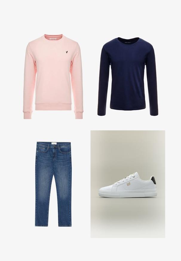 Lyserød sweatshirt med lange ærmer, rund halsudskæring og ribbede manchetter. Har et lille marineblåt logo på venstre bryst. Blød tekstur.; Marineblå langærmet T-shirt lavet af blødt bomuld, med en klassisk rund hals og en glat overflade uden synlige mønstre eller accenter.; Herre blå denim jeans med lige pasform, fem lommer, let falmning og standard knap- og lynlås lukning.; Hvid lav sneaker med hvide snørebånd, gyldent "GAP" logo på siden og sort hælflig med lille orange tekst, på neutral baggrund.