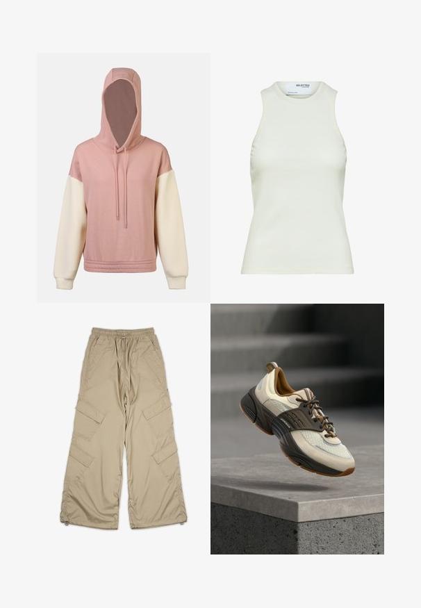 Kapuutis sweatshirt, millel on roosa kere ja tekstureeritud valged fliissvoodrid. Sisaldab reguleeritavaid nööre ja lühendatud hemmi.; Valge varrukateta soonikkoes tank-top ümmarguse kaelusega Selected Femme'i poolt, eesmine vaade ilma mustrite või kaunistusteta.; Beežid cargo püksid, millel on kummiga vöökoht, mitmed küljetaskud ja mugav lõige. Valmistatud kerge ja sileda materjali koos õmblemise detailidega.; Beežika võrkmaterjalist pealiskattega tennissuss, pruunide paelte ja paksu musta tallaga, mis hõljub betoonist ääre kohal, taga trepid.