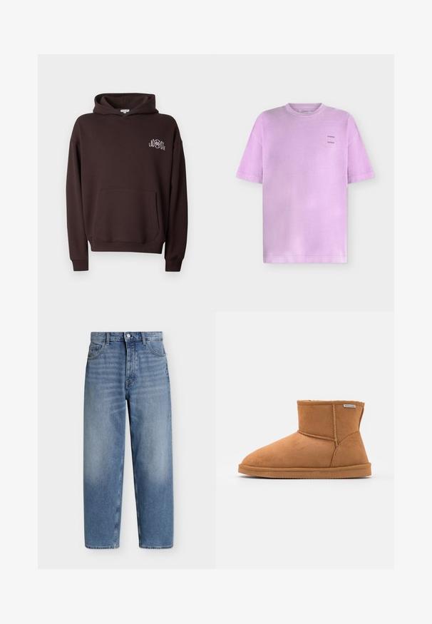 Sweat à capuche brun foncé avec poche avant kangourou et petit logo blanc "LACOSTE" sur la poitrine gauche.; T-shirt en coton lilas à manches courtes avec un col rond et un petit texte noir "SAMSOE" imprimé deux fois sur la partie supérieure gauche de la poitrine.; Jean droit bleu clair avec fermeture bouton et zip à l'avant, poches avant et arrière, et légère décoloration sur les cuisses.; Bottine en suède marron à bout arrondi, doublure intérieure douce, détails cousus et semelle en caoutchouc. Étiquette de la marque visible sur le côté.