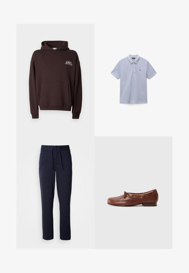 Tmavohnedá mikina s kapucňou, predným vreckom na brušku a malým bielym logom "LACOSTE" na ľavej strane hrudníka.; Svetlosivé polo tričko s krátkym rukávom, tromi gombíkmi a malým logom vlajky na ľavej strane hrudníka.; Navy modré tepláky vyrobené z jemného materiálu, s elastickým pásom na šnúrku, zúženým strihom nôh a bez viditeľných vzorov či vreciek.; Hnedé kožené baletky s okrúhlym špičkou, plochou podrážkou a ozdobným šnurovaním na prednej strane. Hladká textúra a minimalistický dizajn.