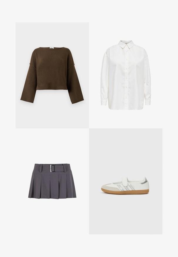 Brun cropped sweater med en bred halsudskæring, lange ærmer og en blød tekstur. Simpelt, udekoreret design, der passer til forskellige outfits.; Hvid skjorte med lange ærmer, knappelukning, spidst krave, løs pasform og knappede manchetter, vist på en hvid baggrund.; Grå plisseret mini skirt med en glat tekstur, der har en bred taljeafsnit, bæltestropper og en rektangulær sølvspænde detalje.; Hvid sneaker med sølvstriber, ruskindsspids og velcrolukning. Sål af tekstureret gummimateriale. Minimalistisk design med glat finish.