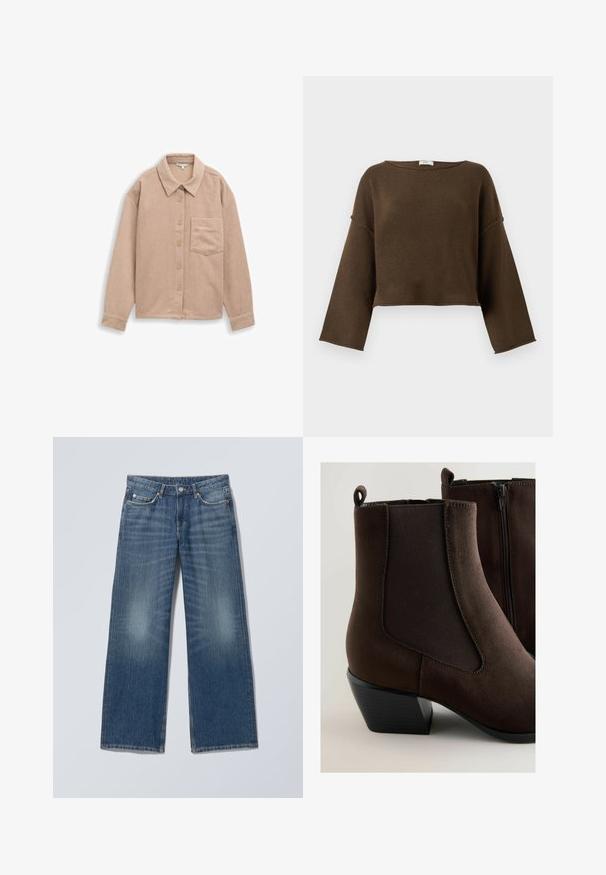 Brauner, kurz geschnittener Pullover mit weitem Ausschnitt, langen Ärmeln und einer weichen Textur. Einfaches, unaufdringliches Design, das sich für verschiedene Outfits eignet.; Beige Kordshirtjacke mit Kragen, fünf-Knopf-Verschluss und einer einzelnen Brusttasche. Weiche Textur mit vertikalen Rippungen.; Blaue Denim-Jeans mit geradem Bein, fünf Taschen, Gürtelschlaufen, Knopfverschluss und ausgewaschenen Details an den Vorderseiten der Oberschenkel.; Braune Wildleder-Stiefeletten mit doppelten elastischen Seiteneinsätzen, einem Reißverschluss und einem niedrigen Blockabsatz. Glatte Textur mit Nahtdetails.